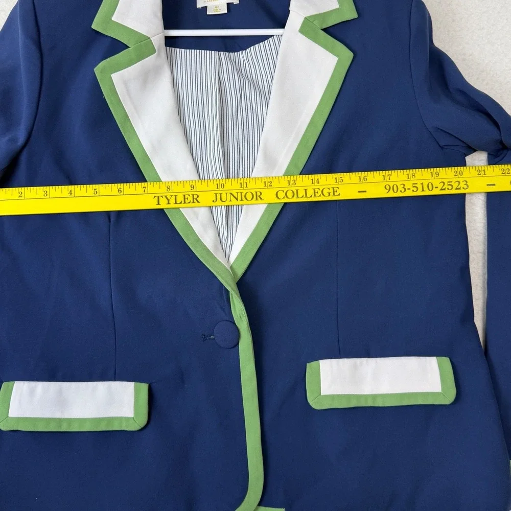 Maeve Anthropologie Navy Blue Blazer Green White Trim Petite Medium